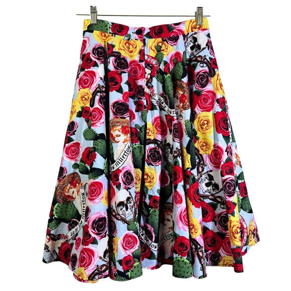 HELL BUNNY Skirt Small Dias De Los Muertos Roses A-Line Rockabilly Full Sweep - Picture 2 of 14